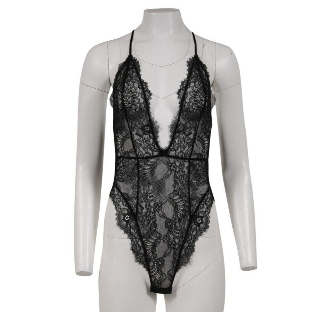 Inamorata Womens Lace Bodysuit  Size Medium Black Sheer Stretch Strappy Tank Top